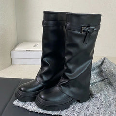 Black Footwear Round Toe Heels Slip On Long Knee High Boots
