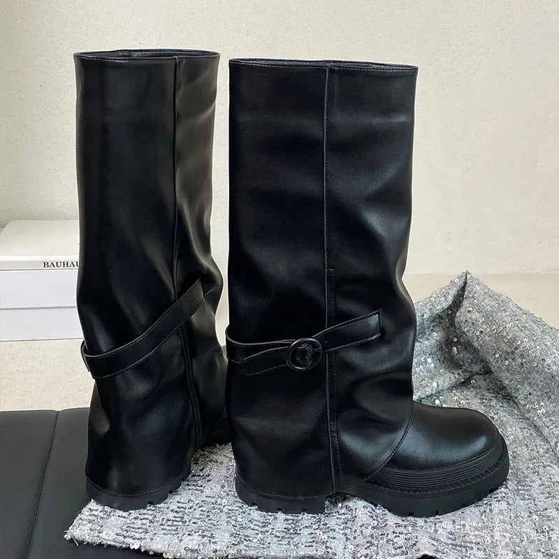 Black Footwear Round Toe Heels Slip On Long Knee High Boots