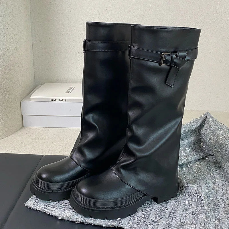 Black Footwear Round Toe Heels Slip On Long Knee High Boots
