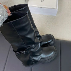 Black Footwear Round Toe Heels Slip On Long Knee High Boots
