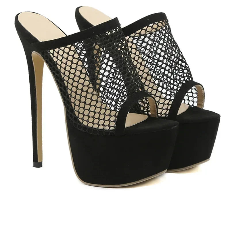 Eye-catching Black Peep Toe Platform Mesh Hollow Out High Heel