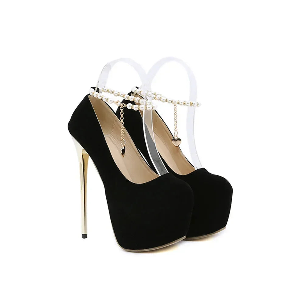 Black solid round head wedding Thin high heel pearl chain High Heel
