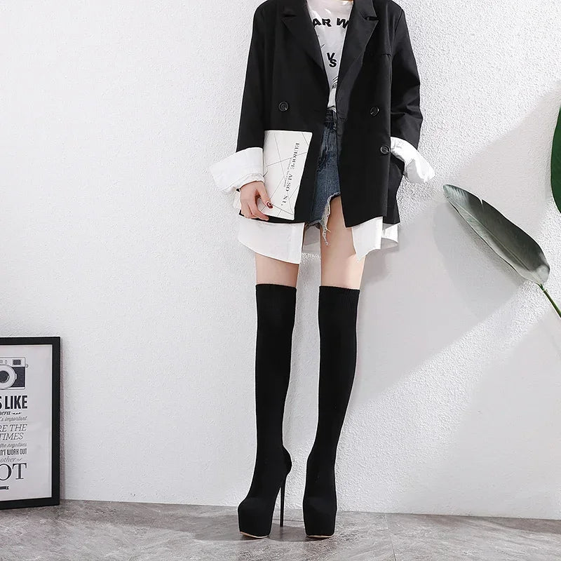 Sleek Black Thigh High Long Socks Platform Slim Elastic High Heel