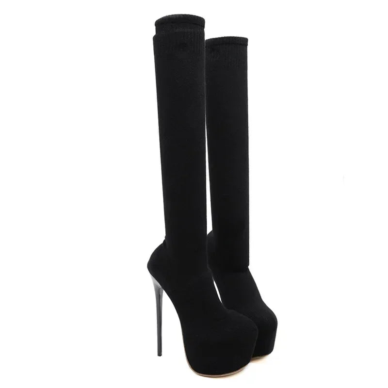 Sleek Black Thigh High Long Socks Platform Slim Elastic High Heel