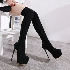 Sleek Black Thigh High Long Socks Platform Slim Elastic High Heel