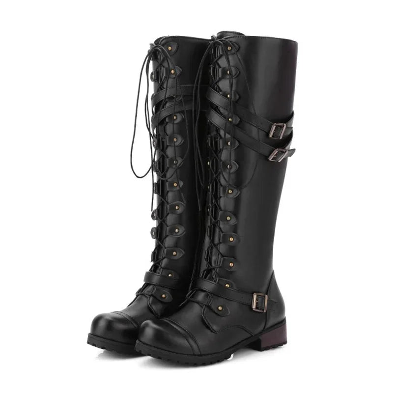 Rome Style Lace Up Platform Solid Plus Size Knee High Boots