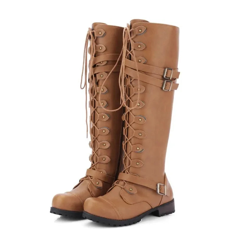 Rome Style Lace Up Platform Solid Plus Size Knee High Boots