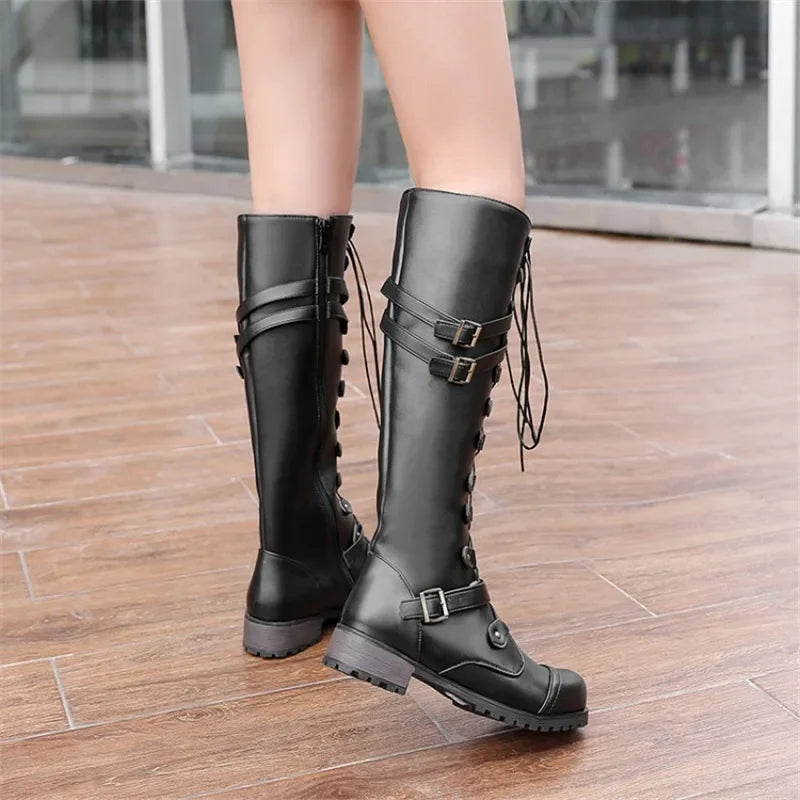 Rome Style Lace Up Platform Solid Plus Size Knee High Boots