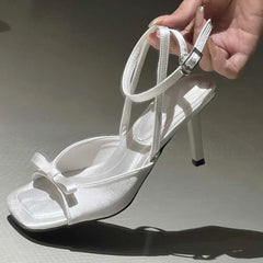Bow Satin Designer Ankle Strap Square Toe Pumps High Heel