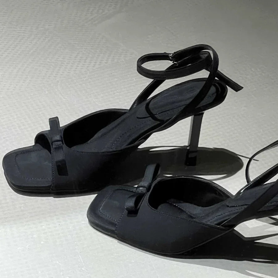 Bow Satin Designer Ankle Strap Square Toe Pumps High Heel