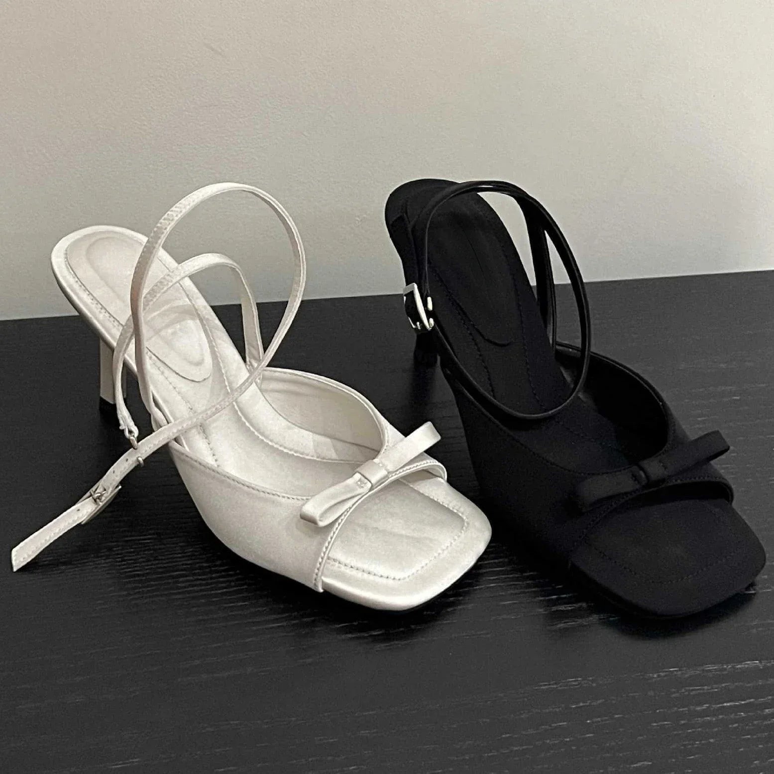 Bow Satin Designer Ankle Strap Square Toe Pumps High Heel