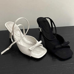 Bow Satin Designer Ankle Strap Square Toe Pumps High Heel