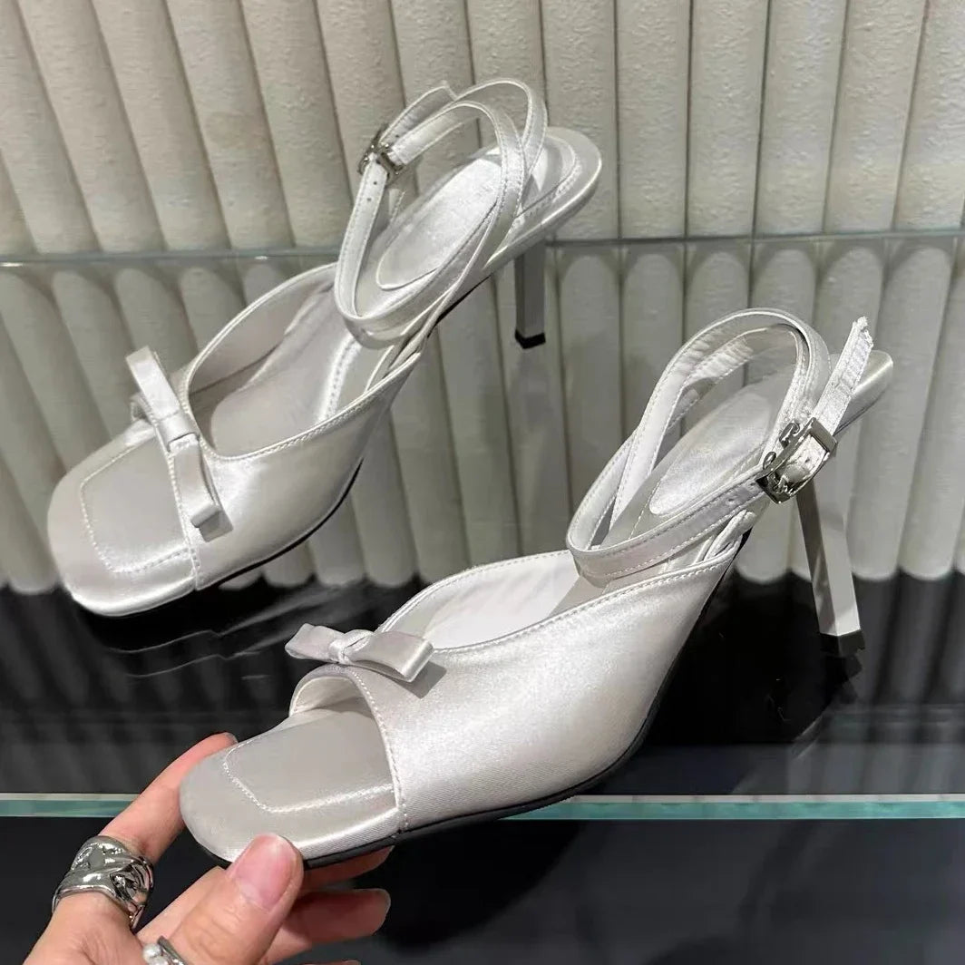 Bow Satin Designer Ankle Strap Square Toe Pumps High Heel
