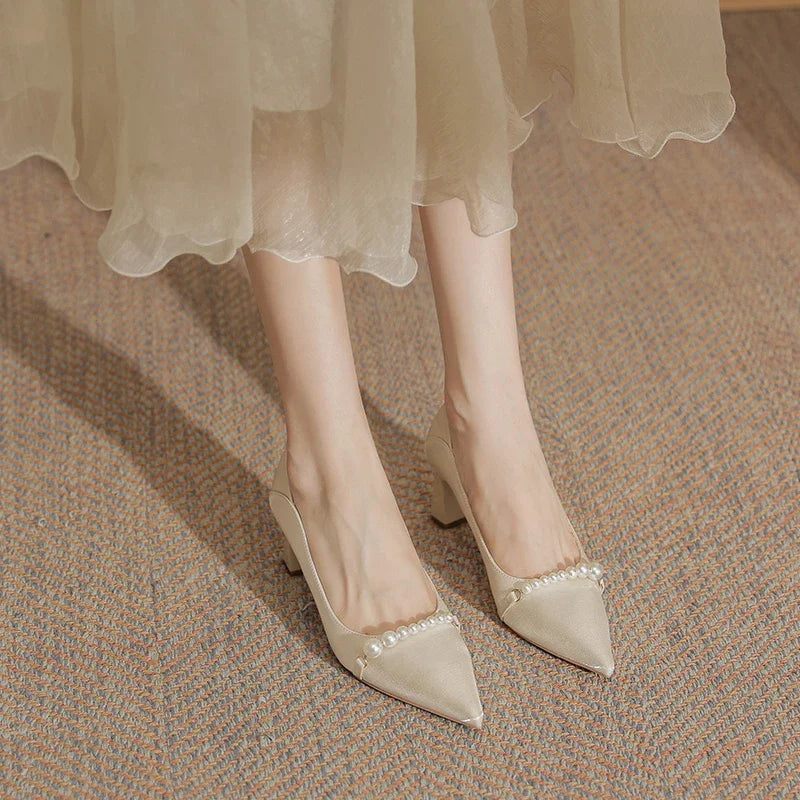 New Elegant Pearl Embellished Korean Women's Highs Shal Mouth Thick Shoes Low Heel Pumps