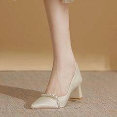 New Elegant Pearl Embellished Korean Women's Highs Shal Mouth Thick Shoes Low Heel Pumps