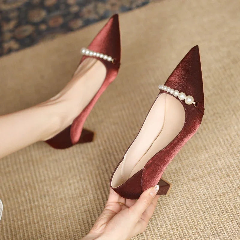 New Elegant Pearl Embellished Korean Women's Highs Shal Mouth Thick Shoes Low Heel Pumps