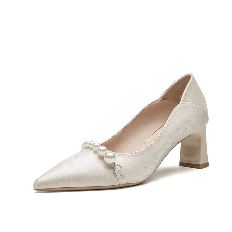 New Elegant Pearl Embellished Korean Women's Highs Shal Mouth Thick Shoes Low Heel Pumps