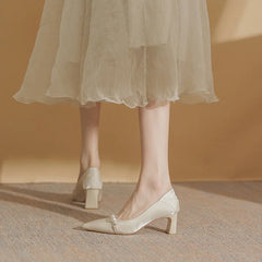 New Elegant Pearl Embellished Korean Women's Highs Shal Mouth Thick Shoes Low Heel Pumps