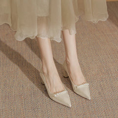 New Elegant Pearl Embellished Korean Women's Highs Shal Mouth Thick Shoes Low Heel Pumps
