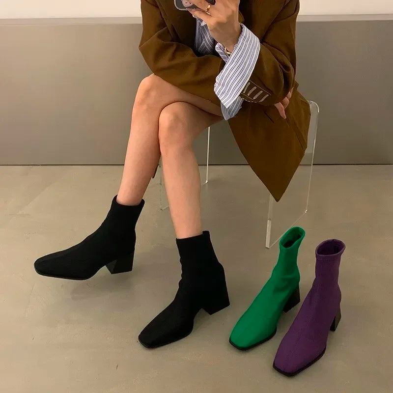 Square Toe Comfortable Versatile Nude Ankle Boot