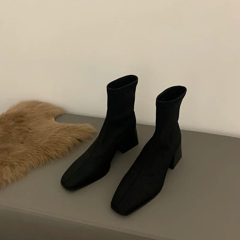 Square Toe Comfortable Versatile Nude Ankle Boot