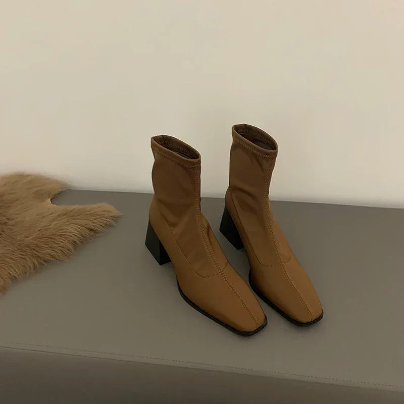 Square Toe Comfortable Versatile Nude Ankle Boot
