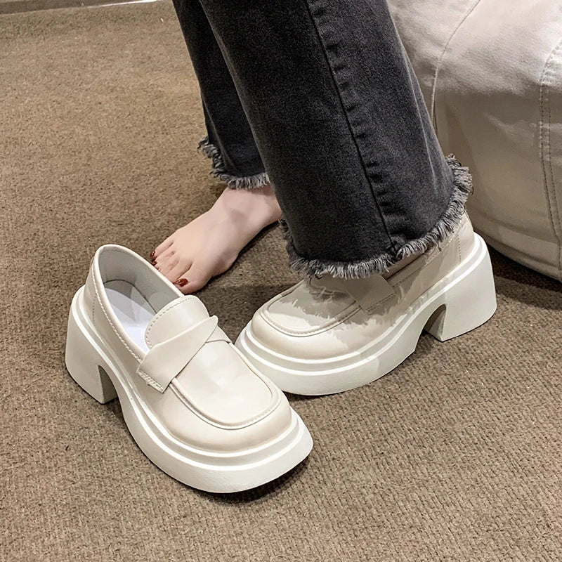 British Style Platform Thick Bottom Chunky Heels Round Toe Leather Loafers