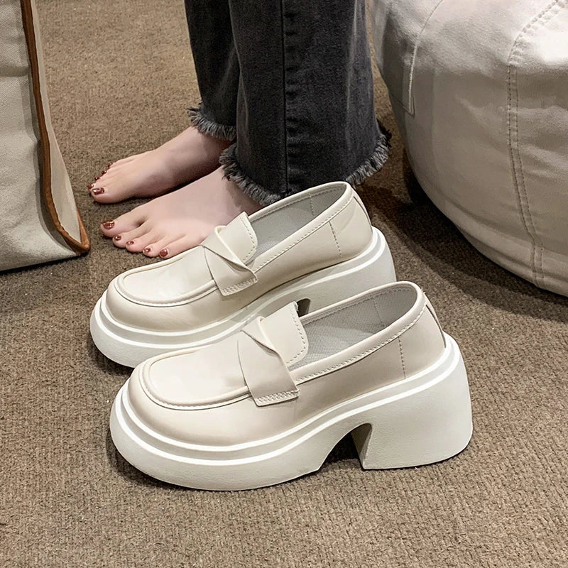 British Style Platform Thick Bottom Chunky Heels Round Toe Leather Loafers