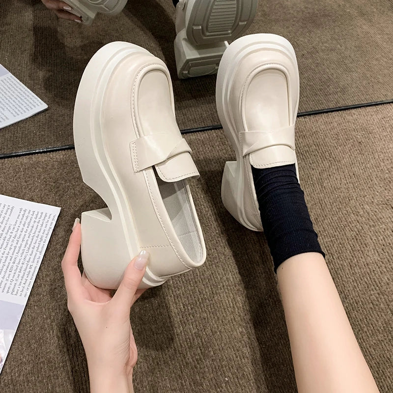 British Style Platform Thick Bottom Chunky Heels Round Toe Leather Loafers