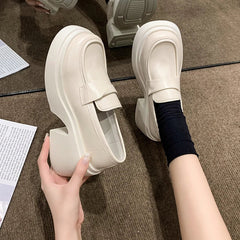 British Style Platform Thick Bottom Chunky Heels Round Toe Leather Loafers