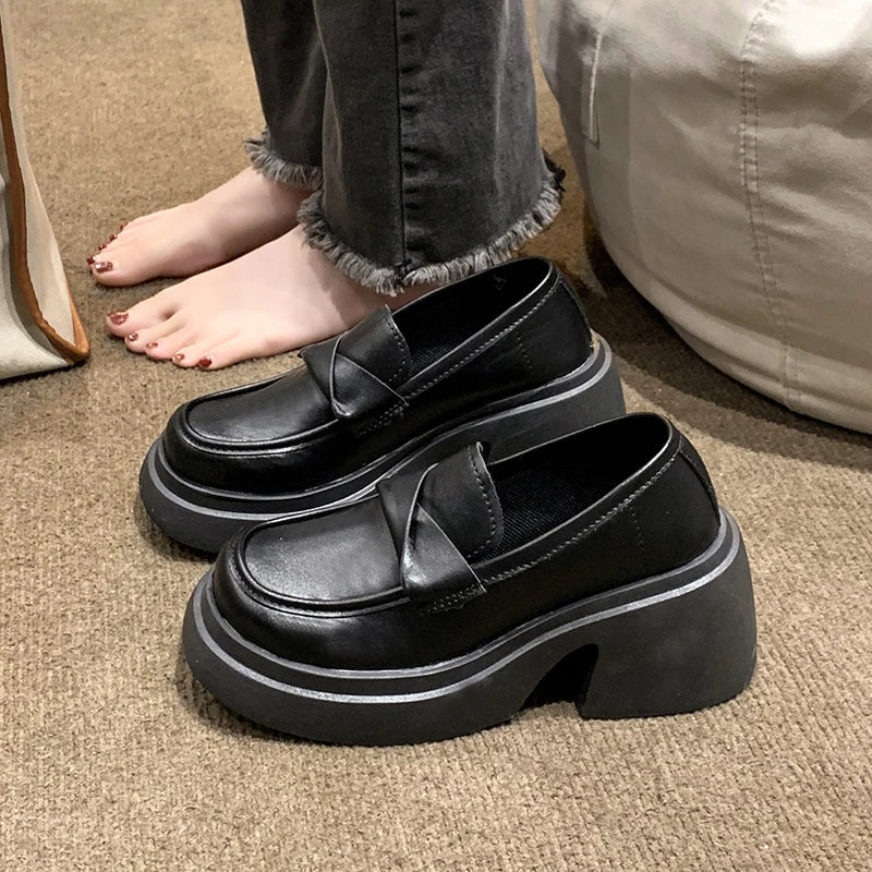 British Style Platform Thick Bottom Chunky Heels Round Toe Leather Loafers