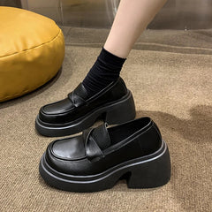 British Style Platform Thick Bottom Chunky Heels Round Toe Leather Loafers