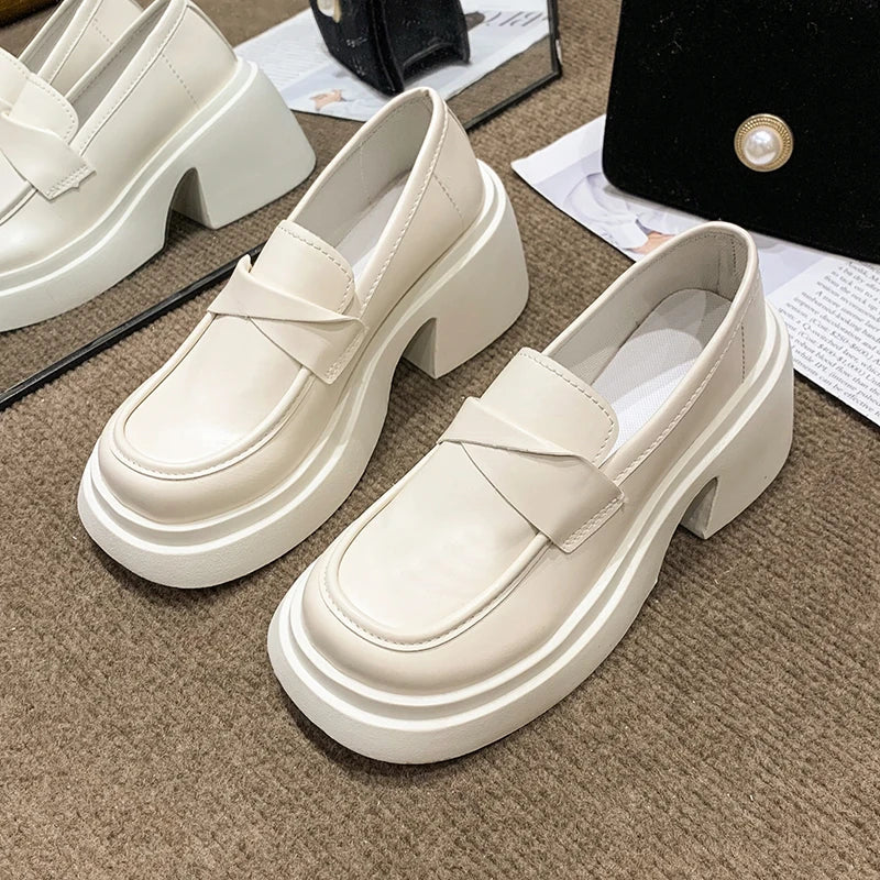 British Style Platform Thick Bottom Chunky Heels Round Toe Leather Loafers