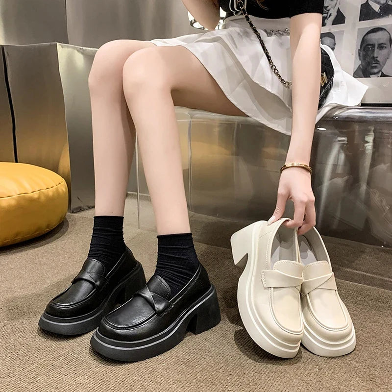 British Style Platform Thick Bottom Chunky Heels Round Toe Leather Loafers