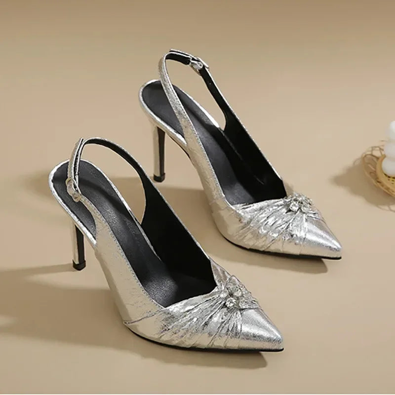 Pointed Toe Pleated Leather Rhinestone Decorative Buckle Slingback High Heel
