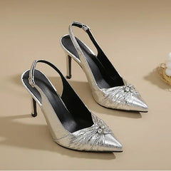 Pointed Toe Pleated Leather Rhinestone Decorative Buckle Slingback High Heel