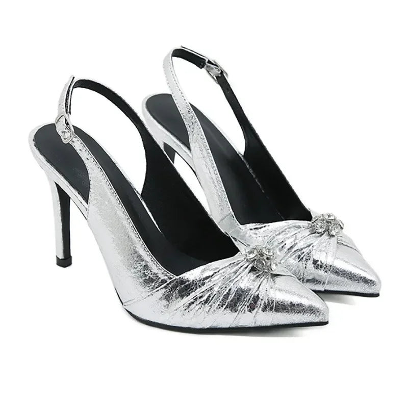 Pointed Toe Pleated Leather Rhinestone Decorative Buckle Slingback High Heel