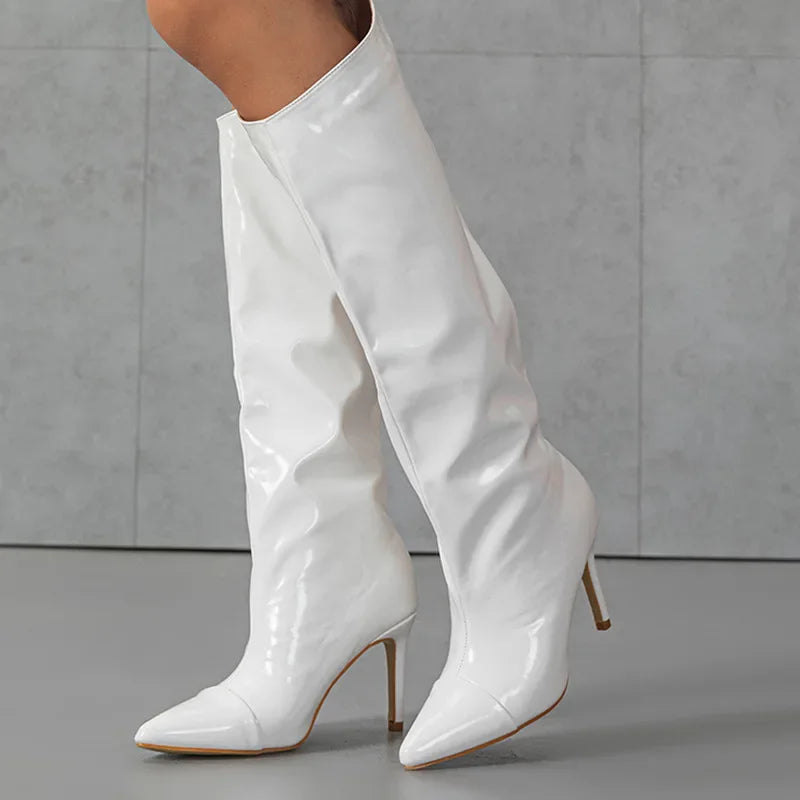 Modern Pointed Toe Slim High Heeled Patent Leather Pleated Knee-High High Heel