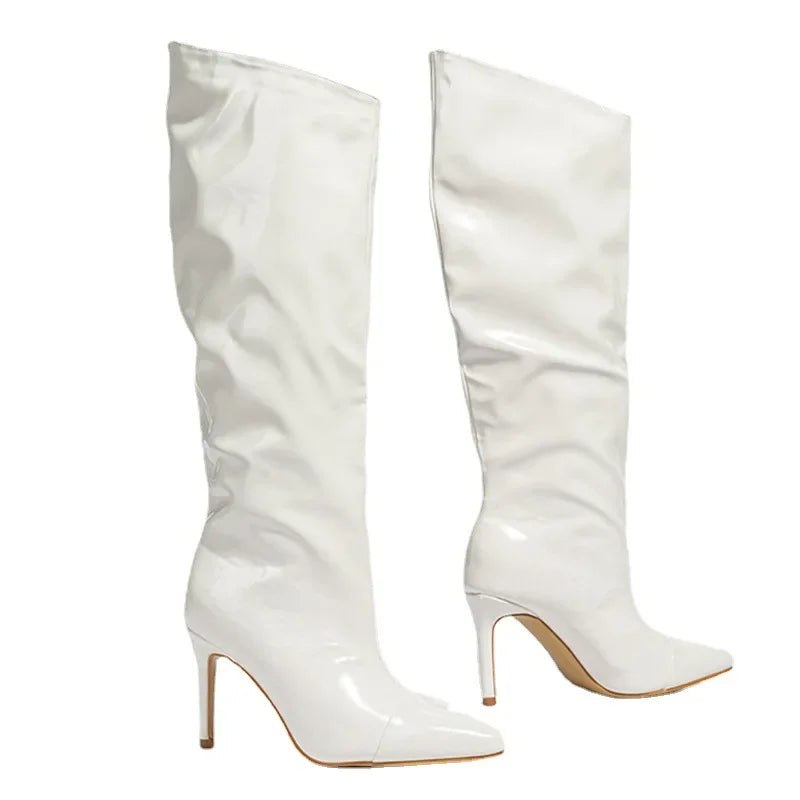 Modern Pointed Toe Slim High Heeled Patent Leather Pleated Knee-High High Heel