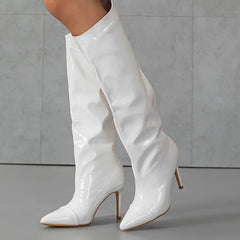 Modern Pointed Toe Slim High Heeled Patent Leather Pleated Knee-High High Heel