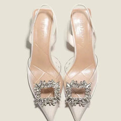Classic Square Rhinestone Pointed Slingback Simple Elegant Low Heel Pumps