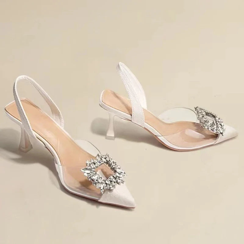 Classic Square Rhinestone Pointed Slingback Simple Elegant Low Heel Pumps