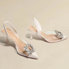 Classic Square Rhinestone Pointed Slingback Simple Elegant Low Heel Pumps