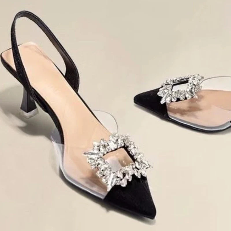 Classic Square Rhinestone Pointed Slingback Simple Elegant Low Heel Pumps