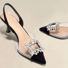 Classic Square Rhinestone Pointed Slingback Simple Elegant Low Heel Pumps