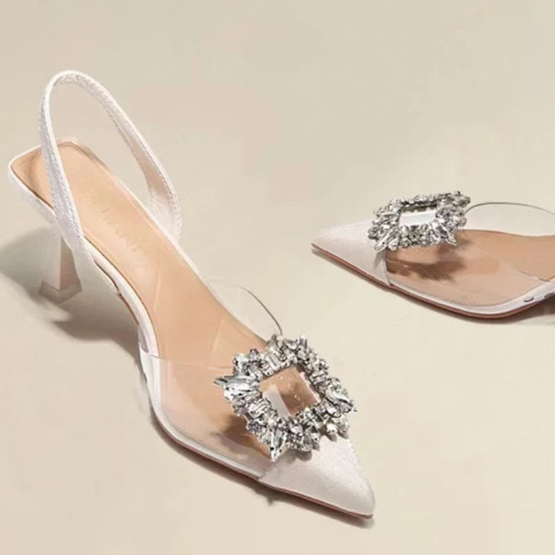 Classic Square Rhinestone Pointed Slingback Simple Elegant Low Heel Pumps