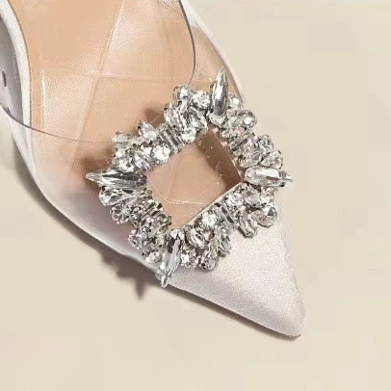 Classic Square Rhinestone Pointed Slingback Simple Elegant Low Heel Pumps