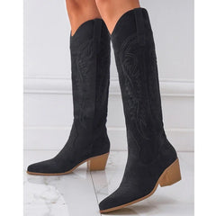 Retro Pointed Toe Spring Autumn Embroidery Square Heels Party Dress Knee High Boots