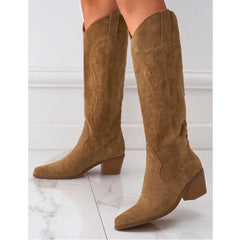 Retro Pointed Toe Spring Autumn Embroidery Square Heels Party Dress Knee High Boots