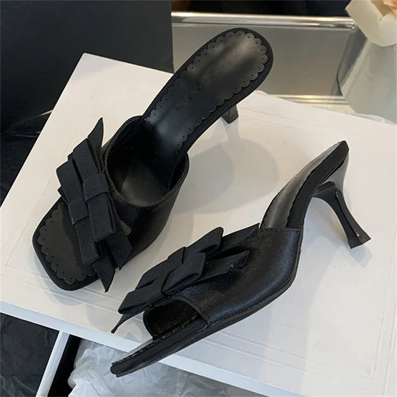 New Arrivals Slipper Bow-knot Thin Open Toe Slip On Elegant Sandal Mules Slides Shoes Low Heel Pumps